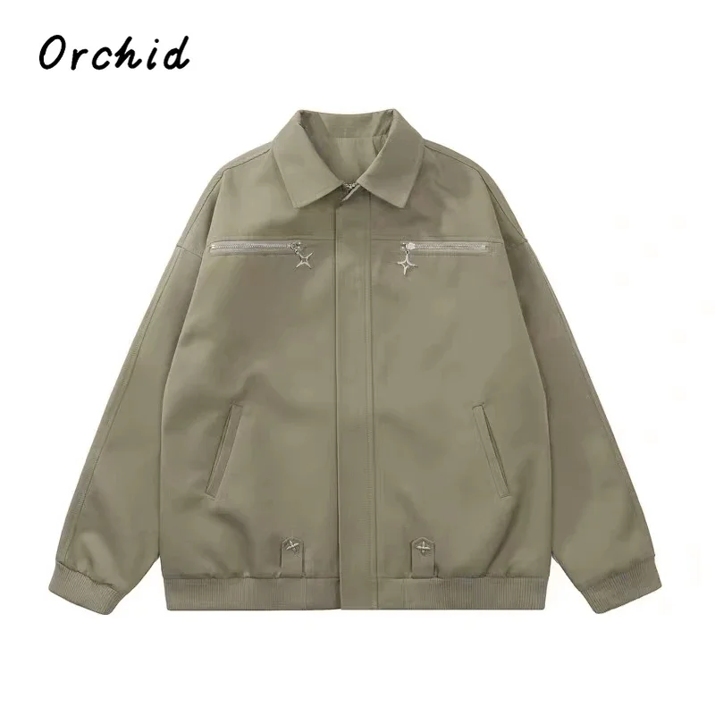 

Американская однотонная куртка-бомбер в стиле ретро, пальто большого размера на молнии с длинными рукавами и отворотом, женская модная однотонная куртка на осень-зиму 2023