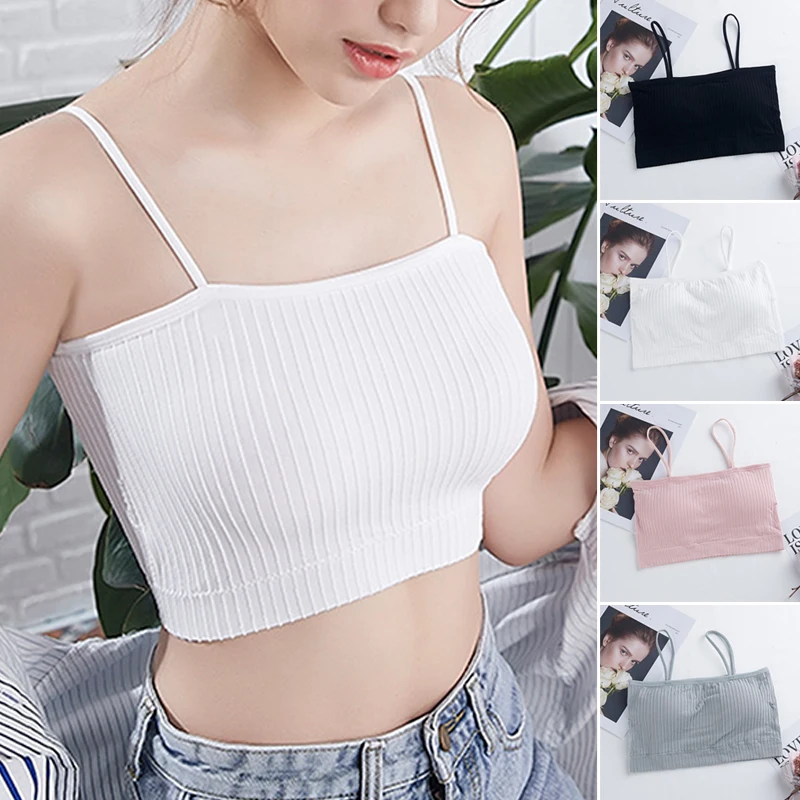 

Spaghetti Strap Sling Bandeau Elastic Brassiere Breathable Bra with Removable Sponge Chest Pad for Girls Women Daily XRQ88