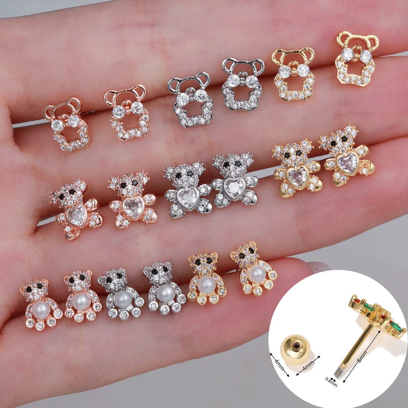 

1Pc Cute Zircon Hollow Animal Bear Helix Piercing Tragus Ear Stud Earring For Women Cubic Bear Zircon Earring Jewelry