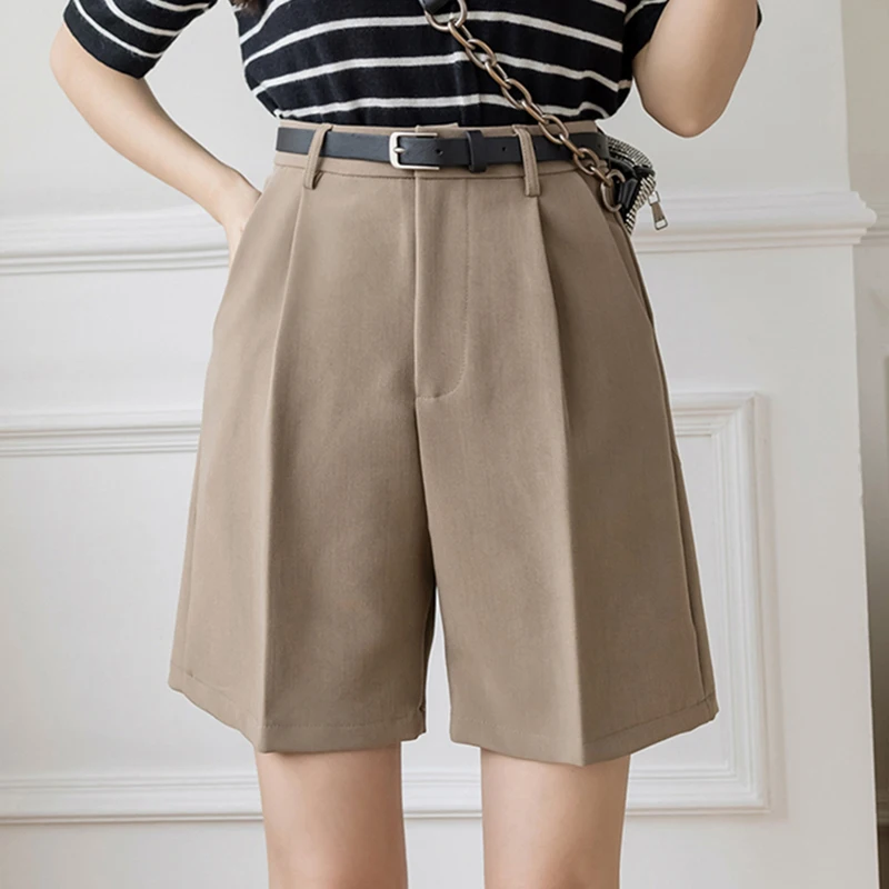 

Loose Khaki Wide Leg Shorts Summer 2022 New Fashion Ladies Casual High Waist Suit Fabric Knee Length Pnats Female Bermuda Shorts
