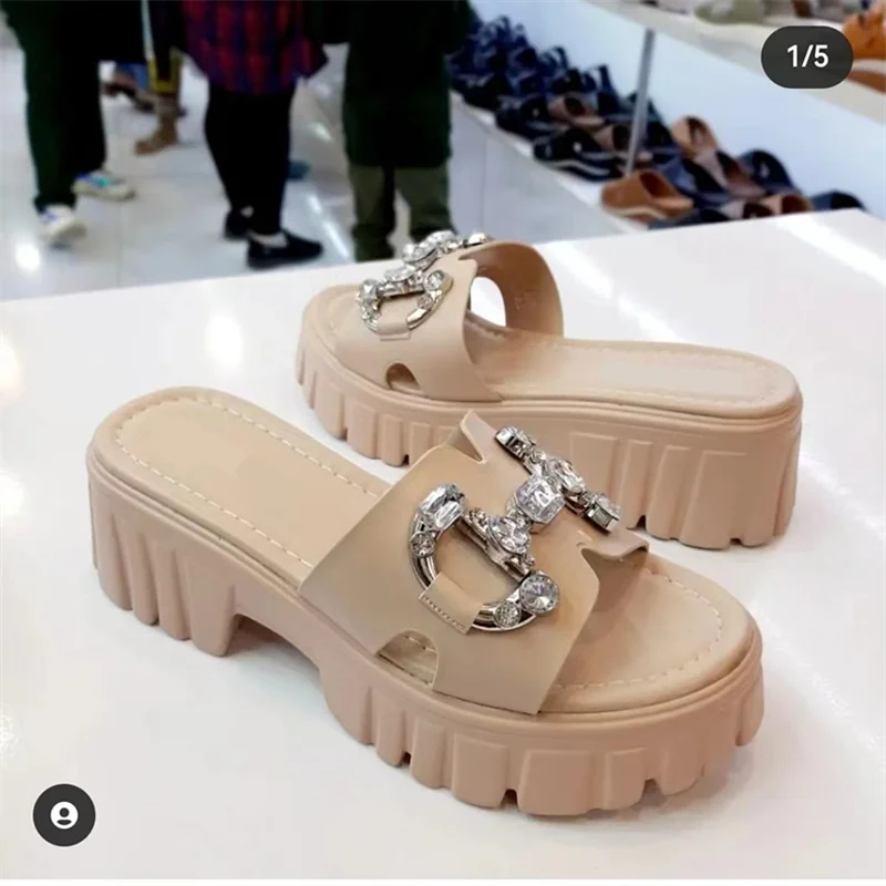 Summer Women Slippers  Platform Leather Slippers Punk Hip-Hop Metal Decorative Mules Chains Thick Bottom Rhinestone Slides