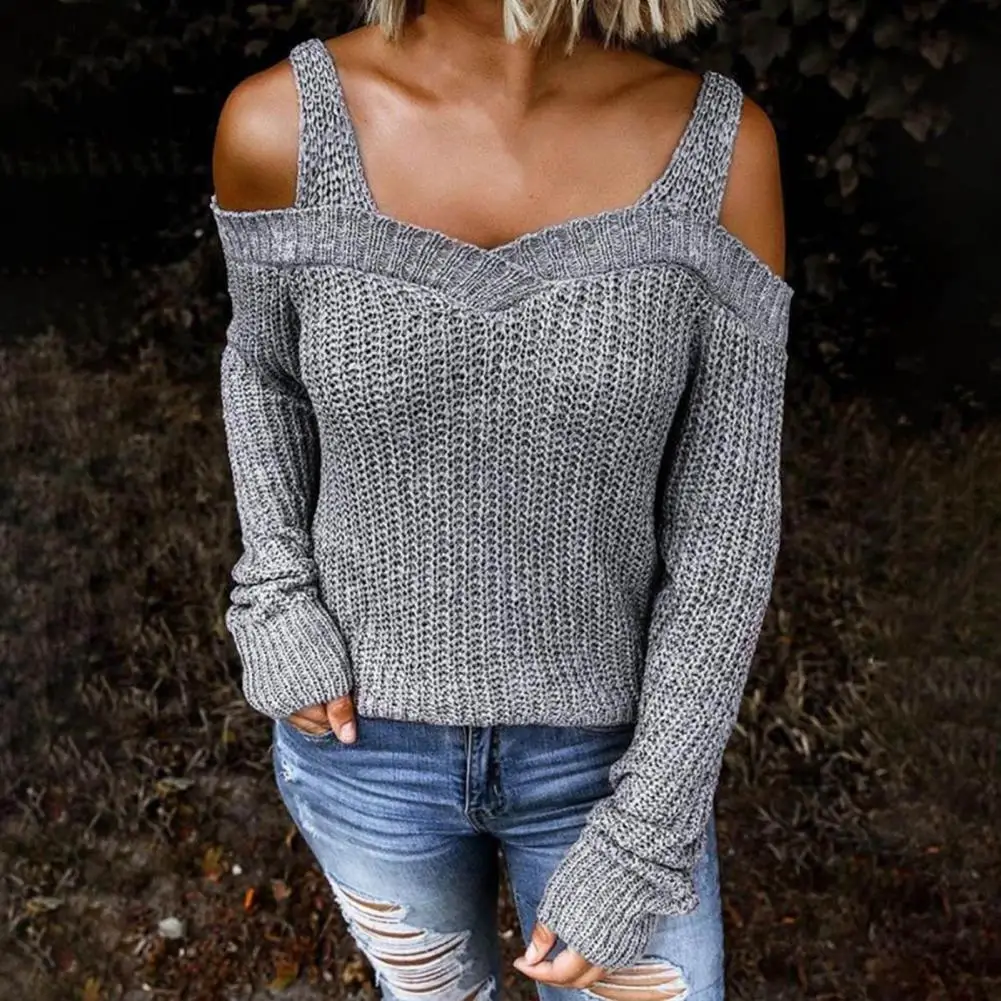

Skin-Touch Trendy Autumn Winter Cold Shoulder Sling Sweater Jumper Elastic Winter Sweater Ribbed Cuffs for Trip