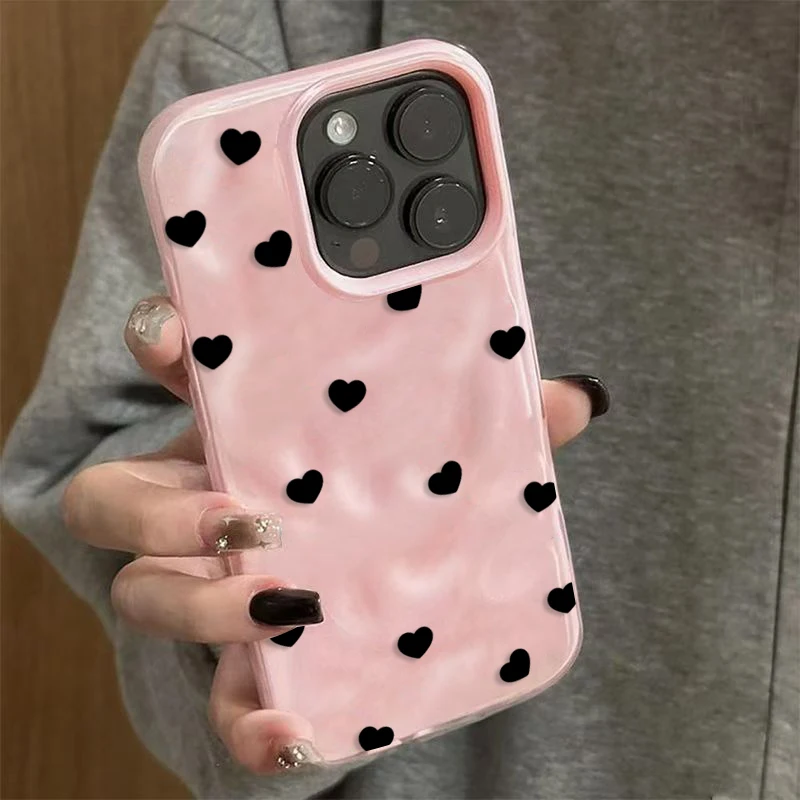 Эстетичный милый черный противоударный чехол с сердечками для iPhone 17 16 Plus 15 14 Pro 13 12 11 Pro Max Air 16E, мягкий защитный чехол (art.: 3920d99eb5fc2) - 3920d99eb5fc2
