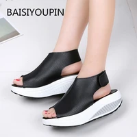 new plus size summer solid flat women sandals fashion platform hook loop pu leather thick bottom non slip casual female shoes