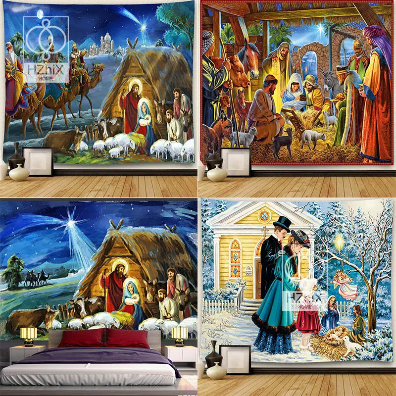 

Nativity Scene Tapestry Jesus Birth Manger Barn Wall Hanging Angel Easter Christmas Wall Decor Christ Tapestries Room Decoration