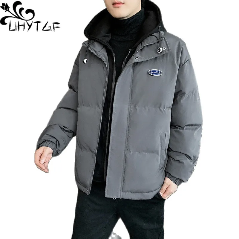

UHYTGF 2023 Winter Jackets For Men Fake Two Hooded Cold Proof Warm Down Coat Male Fashion Young Casual Men Cotton Overcoat 200