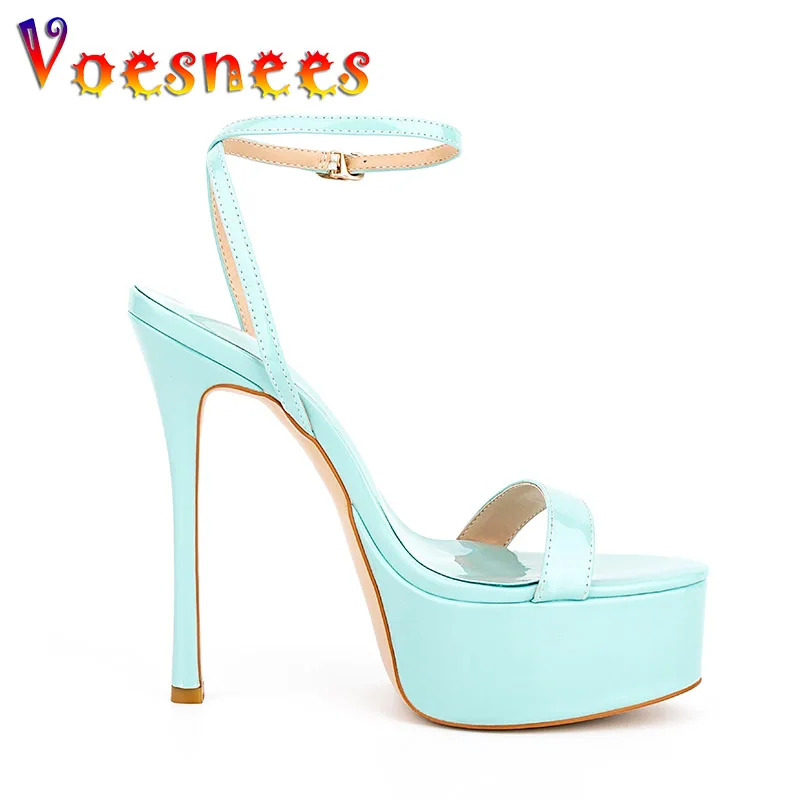 Summer New Blue Stiletto Pumps Women 14CM Fashion Party High Heels Ankle Buckle Pointed Toe Sandals Lady Sexy Narrow-band Shoes