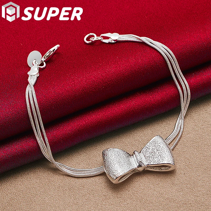 

925 Sterling Silver Bowknot Bracelet Three Snake Chain For Woman Charm Wedding Engagement Party Fashion Jewelry