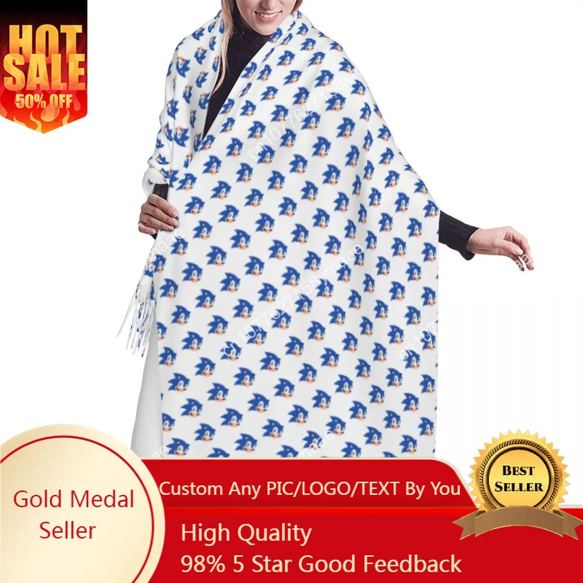

Custom Lady Large Moving Sonics Shadow Pattern Scarves Women Winter Thick Warm Tassel Shawl Wrap Versatile Female Scarf