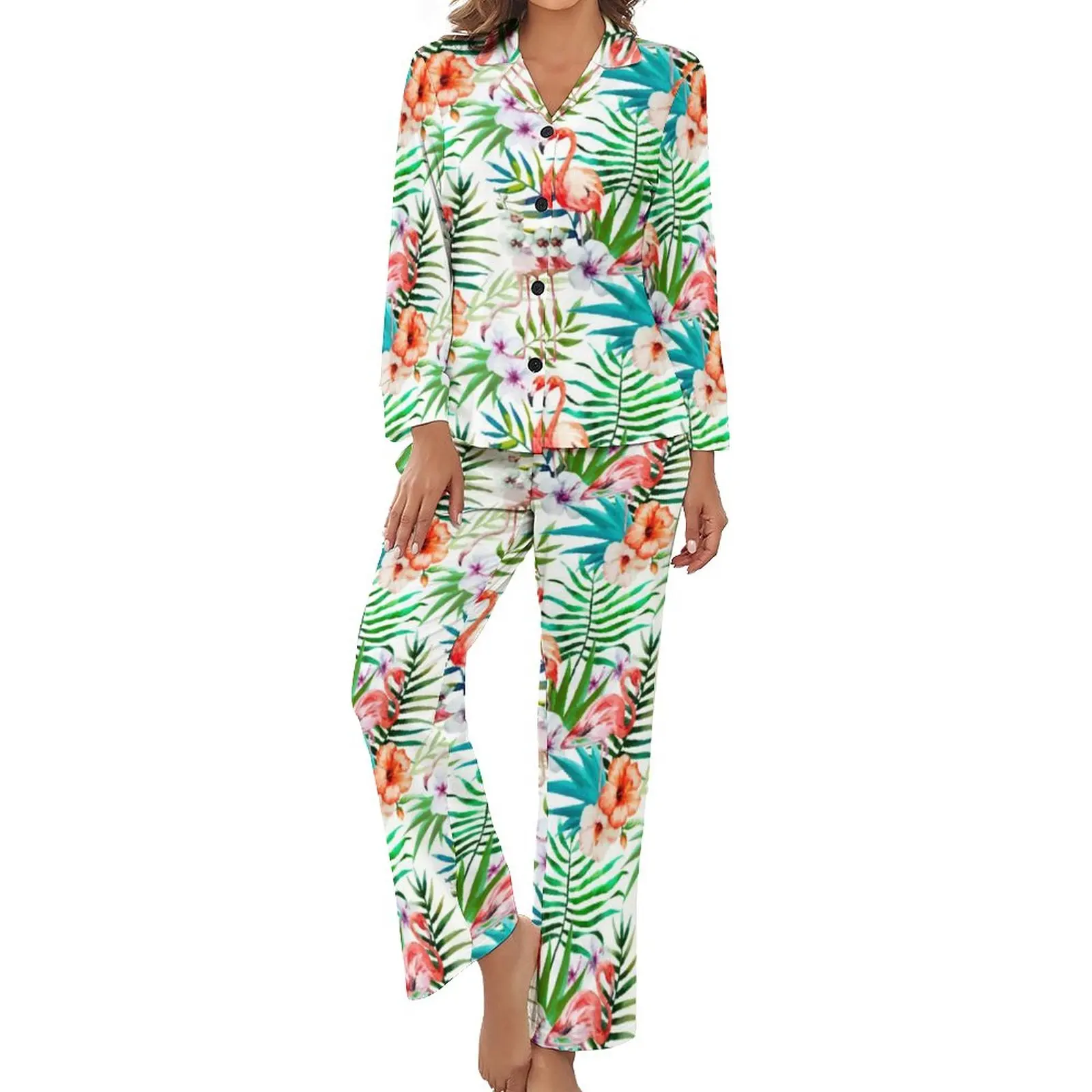 

Tropical Pink Flamingo Pajamas Botanical Flower Print Long Sleeves Romantic Pajama Sets 2 Piece Home Day Pattern Sleepwear Gift