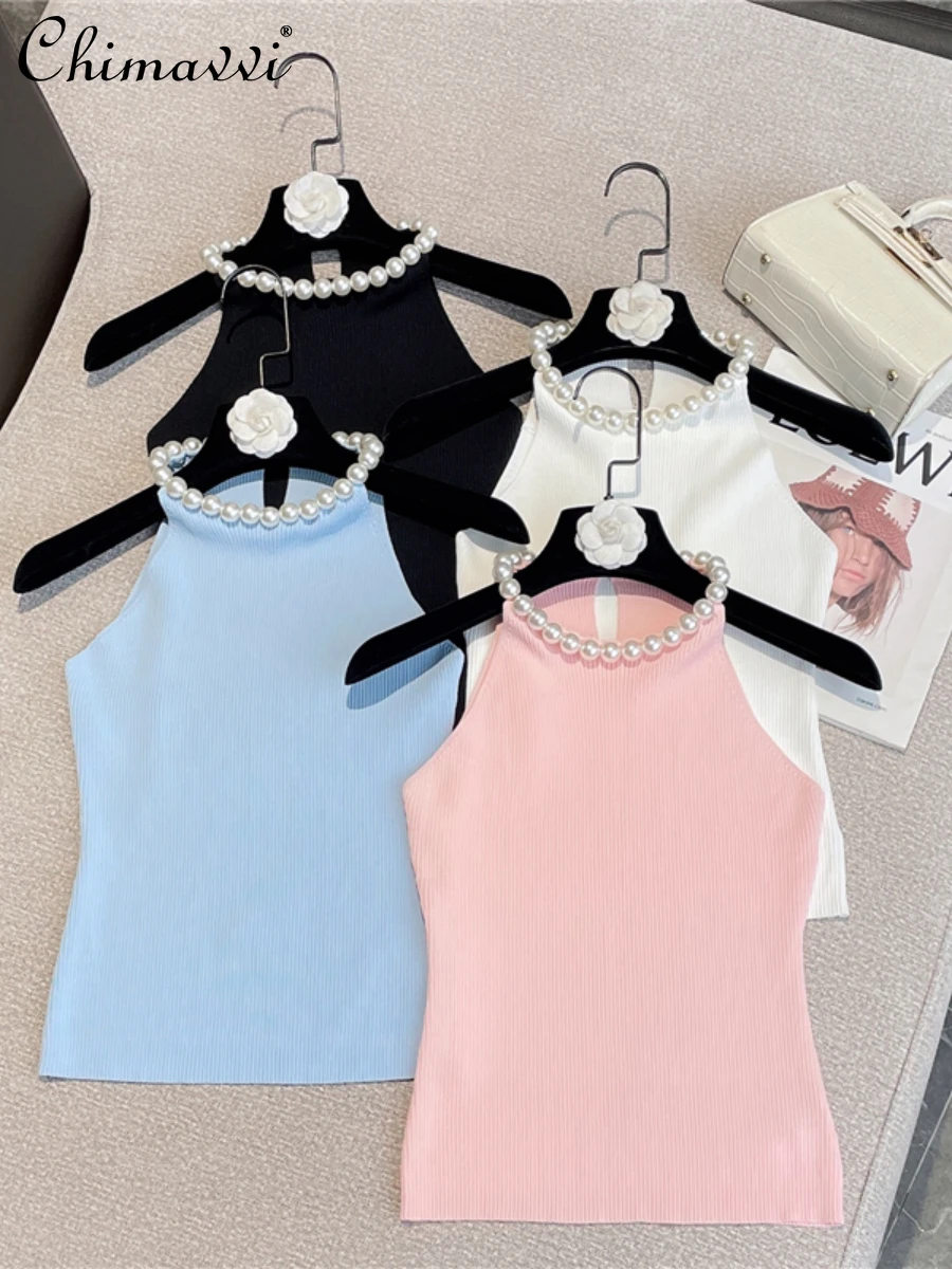 

2022 Summer New Korean Style Fashionable Sweet Expensive Pearl Collar Tank Tops Women Sexy Simple Solid Sleeveless Knitted Vest