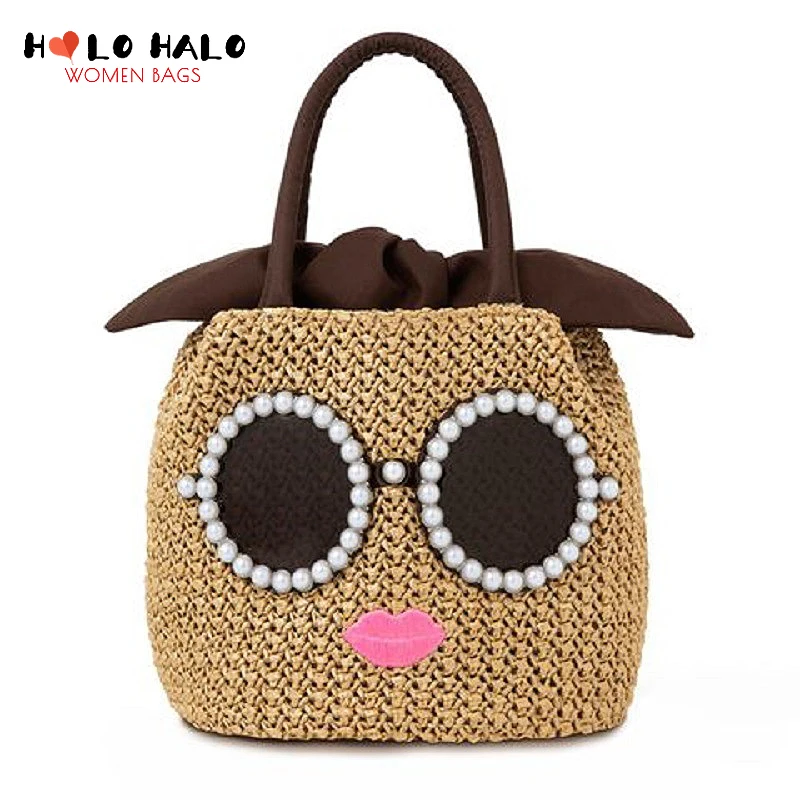 Beach Pearl Sunglasses Straw Bucket Women Handbag Cartoon Design Shoulder Bag Crossbody Bag Female Holidays Totes Purse