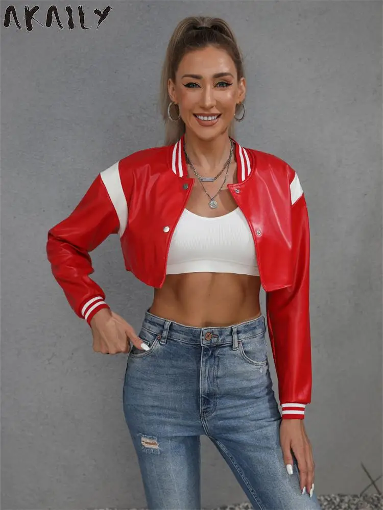

Akaily осенние черные Куртки из искусственной кожи для женщин Мода 2022 лоскутное пальто с длинным рукавом женские красные бейсбольные укороченные куртки