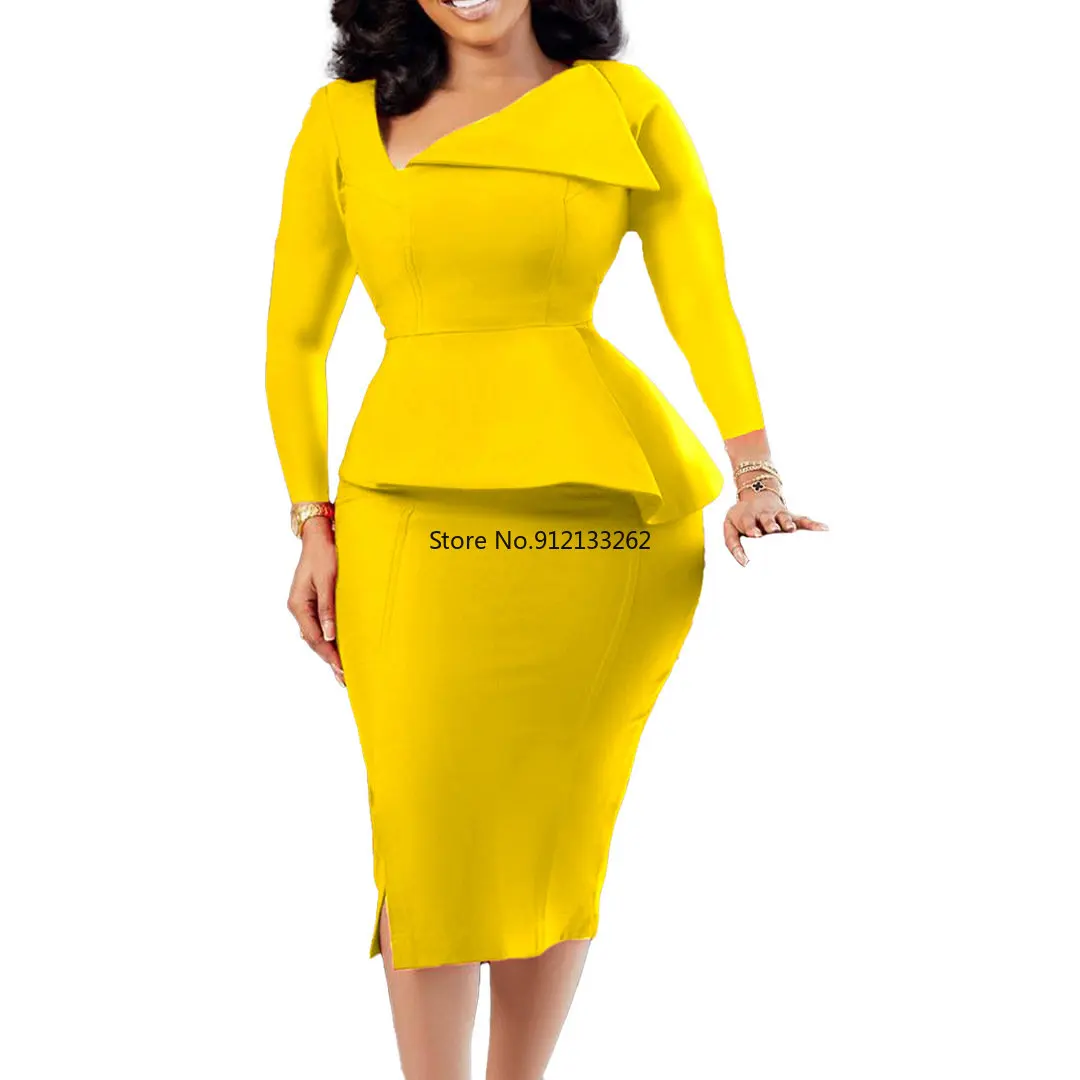 

African Dresses for Women Autumn African Long Sleeve V-neck Pink Yellow Red Knee-length Dress S-3XL African Clothes