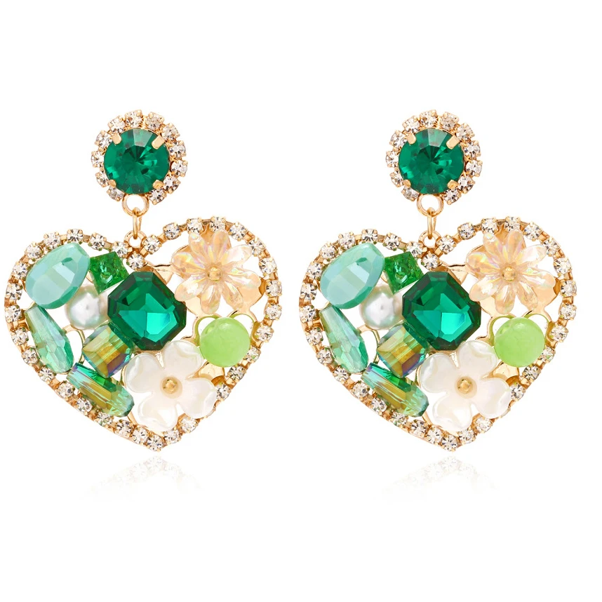

Exaggerated Colored Crystal Heart-shaped Dangle Earrings