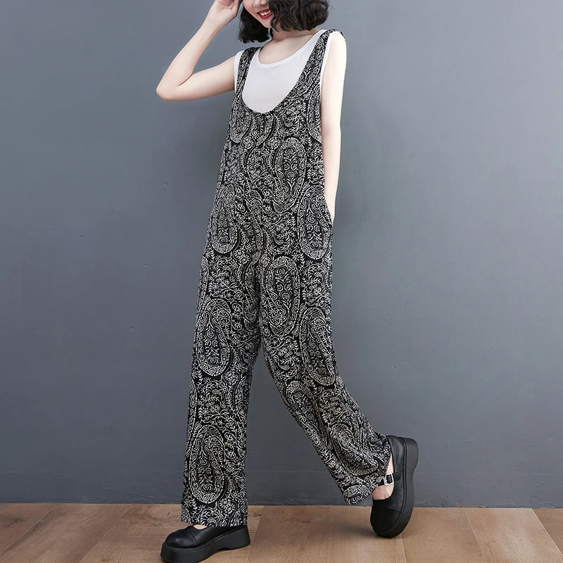 

#1529 Summer Straight Print Jumpsuits Women Sleeveless Loose High Waisted Wide Leg Jumpsuits Female Vintage Rompers Womens Thin