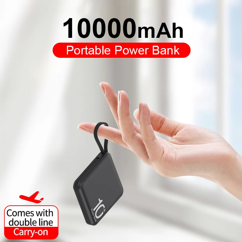 

10000mAh Mini Power Bank Built in Cable PowerBank Portable Fast Charger External Battery For iPhone 14 Pro Samsung Xiaomi Huawei