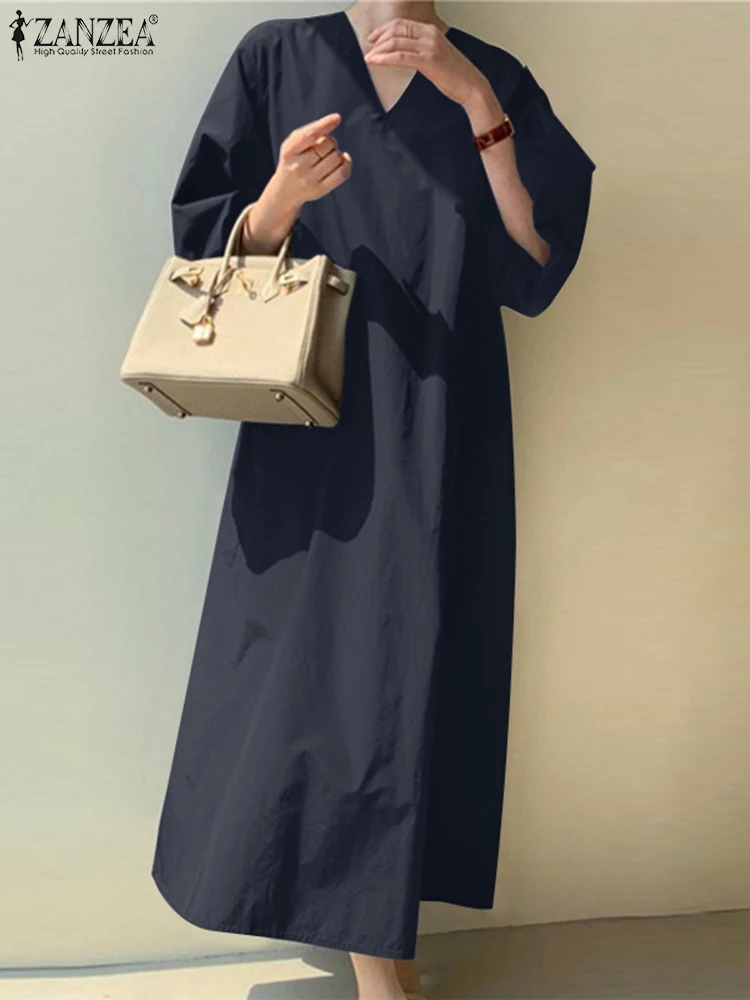 

2023 ZANZEA Women Solid Color Fashion Dress Summer V-Neck 3/4 Sleeve Maxi Robe Casual Elegant OL Office Vestidos Female Oversize