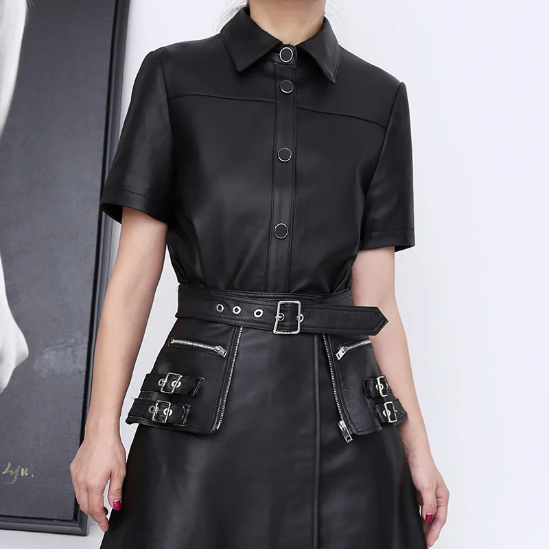 2022 Leather Vest Jacket Lady Short Sleeve Real Sheepskin Shirt Blazer Belt Single-Breasted Motorcycle Jacket Solid Gilet TF3917