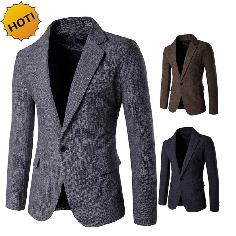 

New 2022 Autumn Winter Woolen Cloth Fabric Casual Loose Suit Single Button Blazers Masculino Men British Designer Hemp Grey