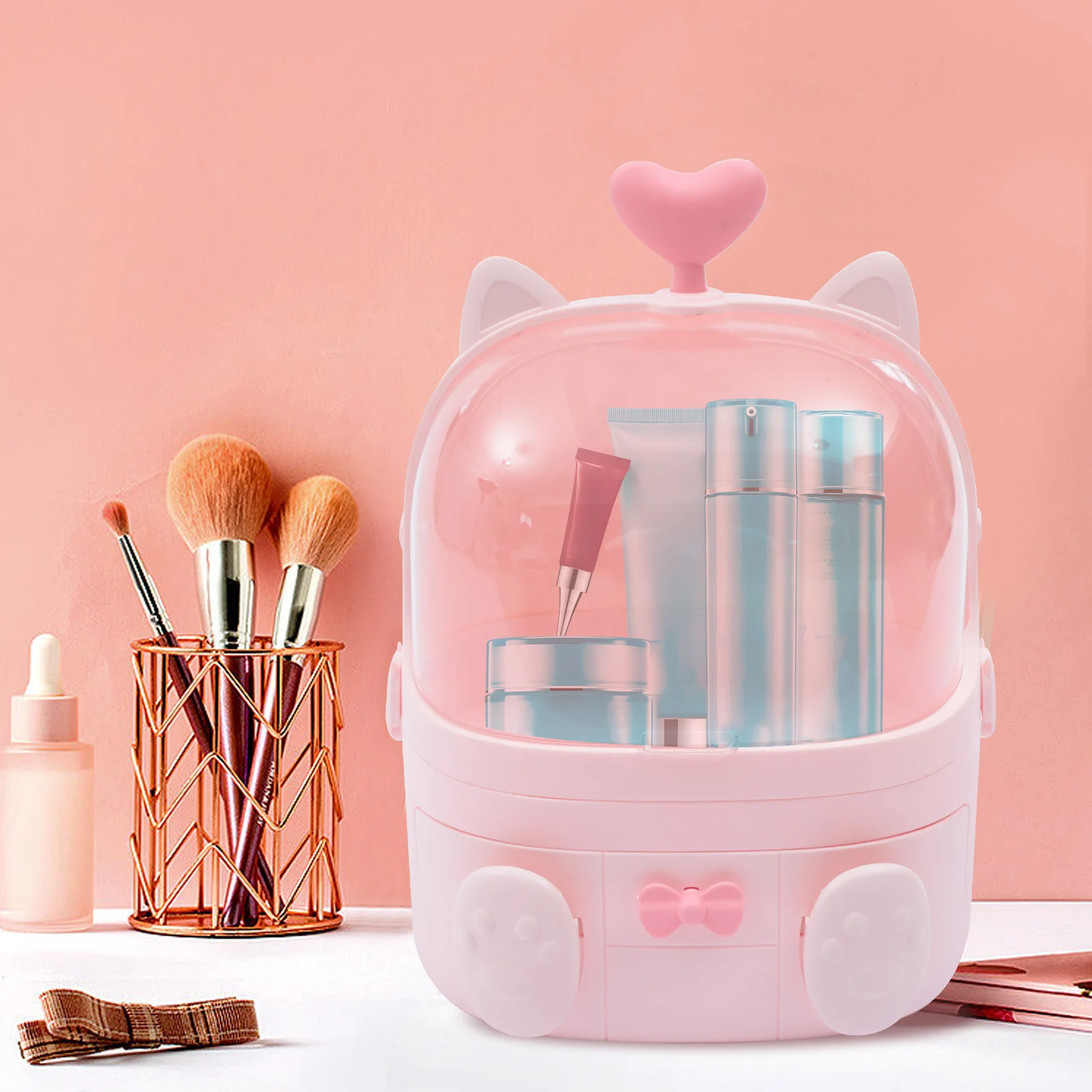 

Cute Cat Shape Makeup Organizer Countertop with Handle Plastic Large Cosmetic Storage Display Boxes Drawers Set Lipstick Holder