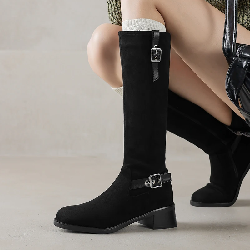 Повседневные матовые замшевые однотонные высокие сапоги с круглым носком и