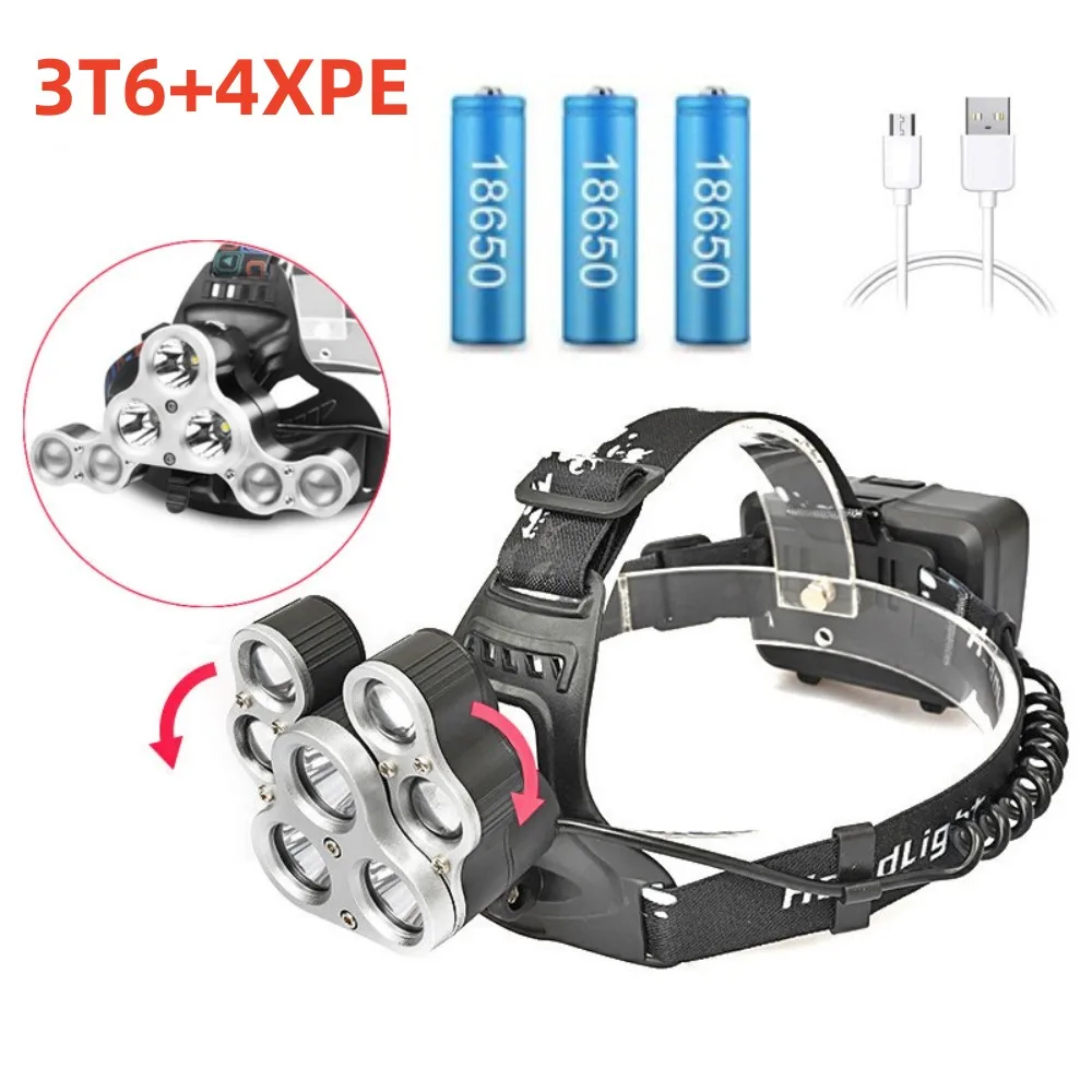 High Power 3T6+4XPE Headlights USB Rechargeable Portable Night Flashlight Waterproof Headlamp for Outdoor Fishing Camping Lights