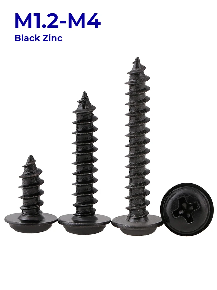 

M1.2 M1.4 M1.7 M2 M2.3 M2.6-M4 Black Zinc Round Head Cross Pan Head Tapping Screws With Pad PWA Carbon Steel Screws With Washers