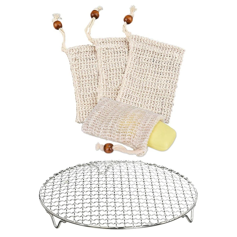 

4X Soap Bag, Soap Bag Ramie, Organic Soap Bag, Soap Bag With 304 Stainless Multipurpose Steel Round Grill Net