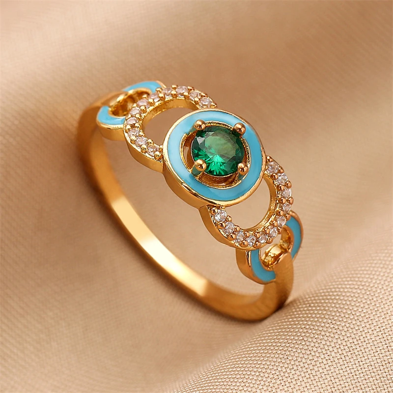 

Exquisite Geometric Enamel Cubic Zirconia Finger Rings Blue Color Copper Ring For Women Vintage Party Fine Jewelry Wholesale