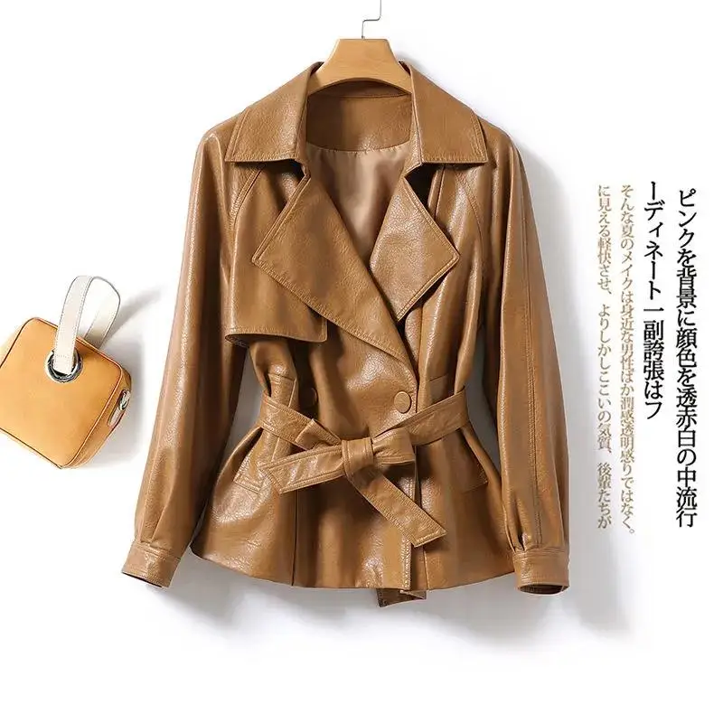 2022 Spring Double Breasted Belt Soft Faux Leather Blazer Long Sleeve Slim Fit Luxury Women Blazers and Jackets Fashion