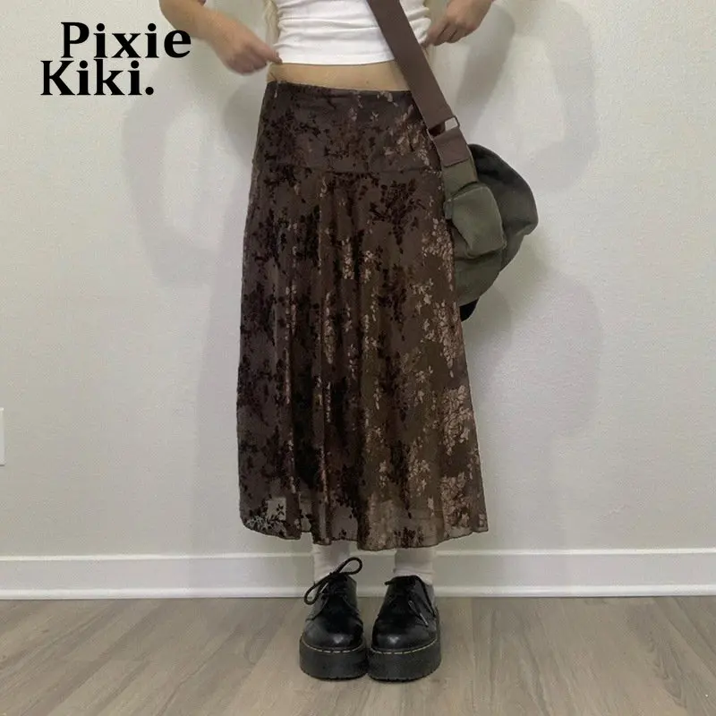 

PixieKiki Velvet Brown Winter Long Skirts for Women Bottoms Grunge Fairy Y2k Clothes for Girls Vintage Maxi Skirt P67-EB30