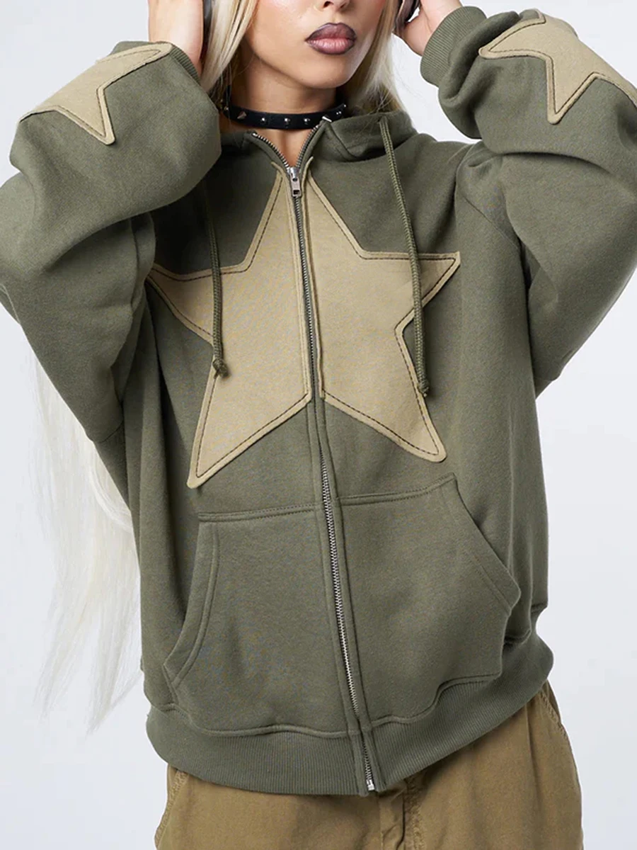 

Gothic Star Print Hoodies Women Retro Y2K Hip Hop Jackets Solid Zip Up Hoodie Casual Loose Harajuku Sweatshirts Tops Clothes