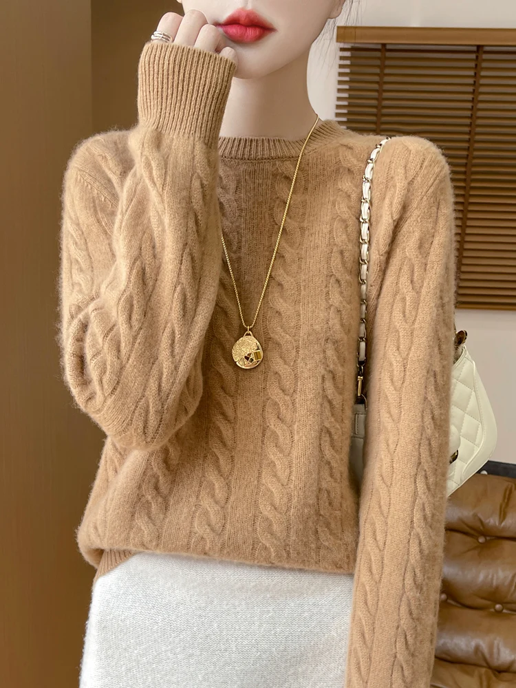 2024 осенне-зимний женский свитер с круглым вырезом витой 00% чистый горный пуловер