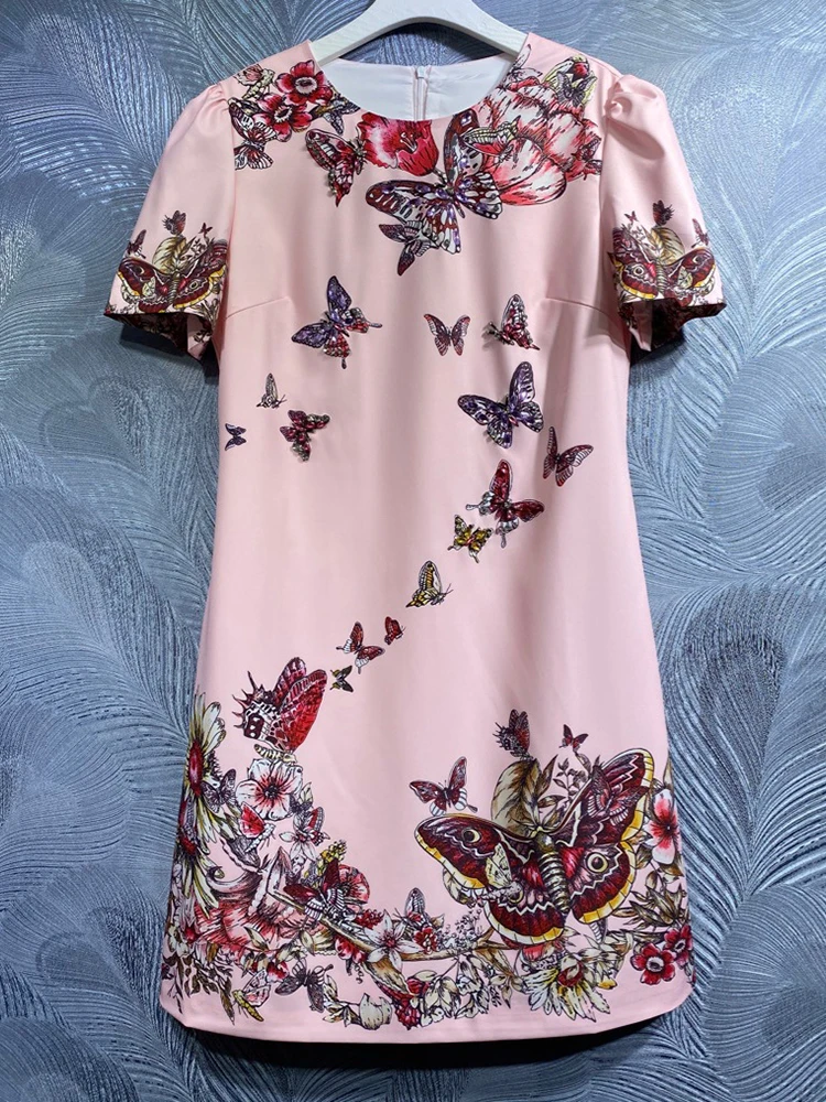 Seifrmann High Quality Summer Women Fashion Designer Midi Dress Short Sleeve Gorgeous Crystal Beading Butterfly Print Dresses