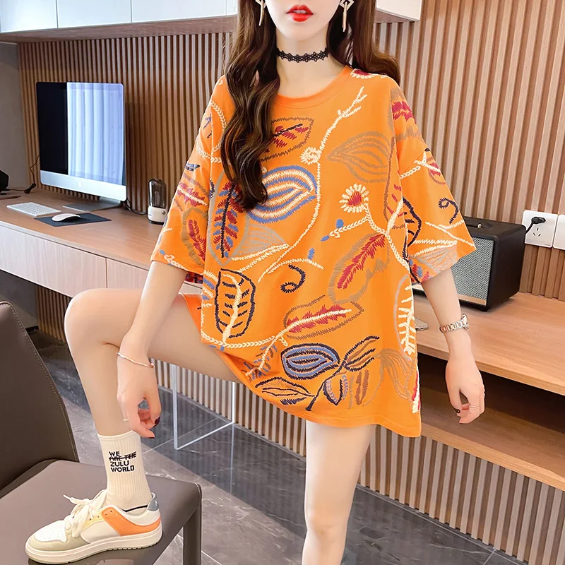 

Black White Orange Vintage T Shirt Women Cotton Printed T-Shirt Femme O Neck Womens Tee Shirts Loose Retro T Shirt Summer