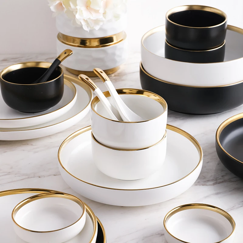 

New Hot Sale Customization Nordic Style Black Tableware Set Gold Rim Dish Plates Porcelain Crockery Dinnerware Sets