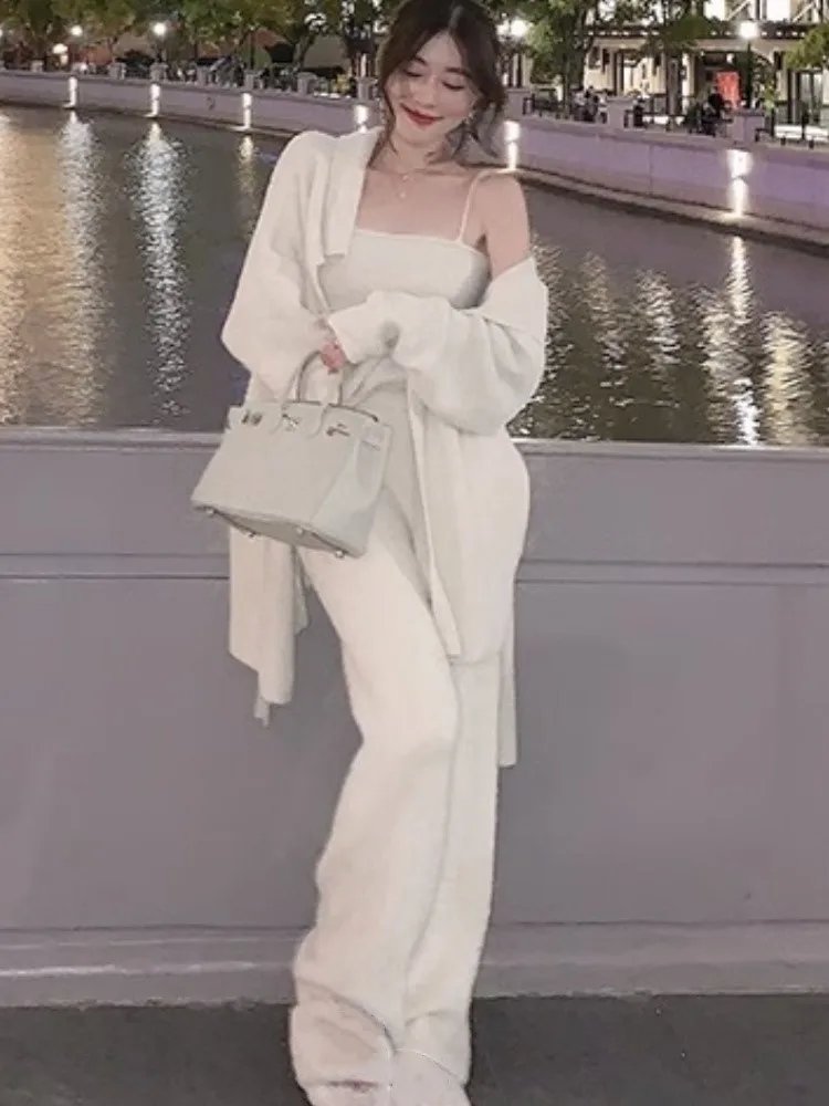 Элегантный однотонный костюм из трех предметов женский длинный вязаный кардиган