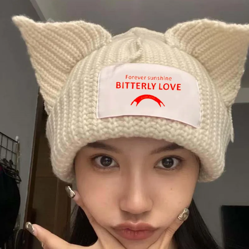 

Cute Fashion Hooded Cap Letter Cat Ear Knit Hat Double-layer Warm Pig Ear Woolen Hat Niche Design Hip-hop Personality Cold Hat