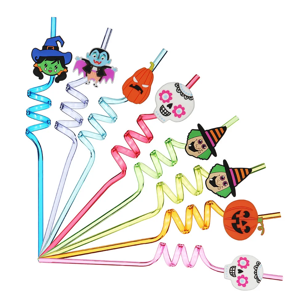 

8pcs Halloween Decorations Drinking Plastic Straws Pumpkin Ghost Bat Switch Reusable Straw Colorful Spiral for Kids