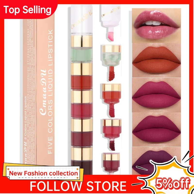 

5 In 1 Matte Lipstick Kit Combo Strip Velvet Sexy Red Lip Tint Non stick Cup Lip Gloss Lip Oil Makeup Beauty Lips Cosmetic Set