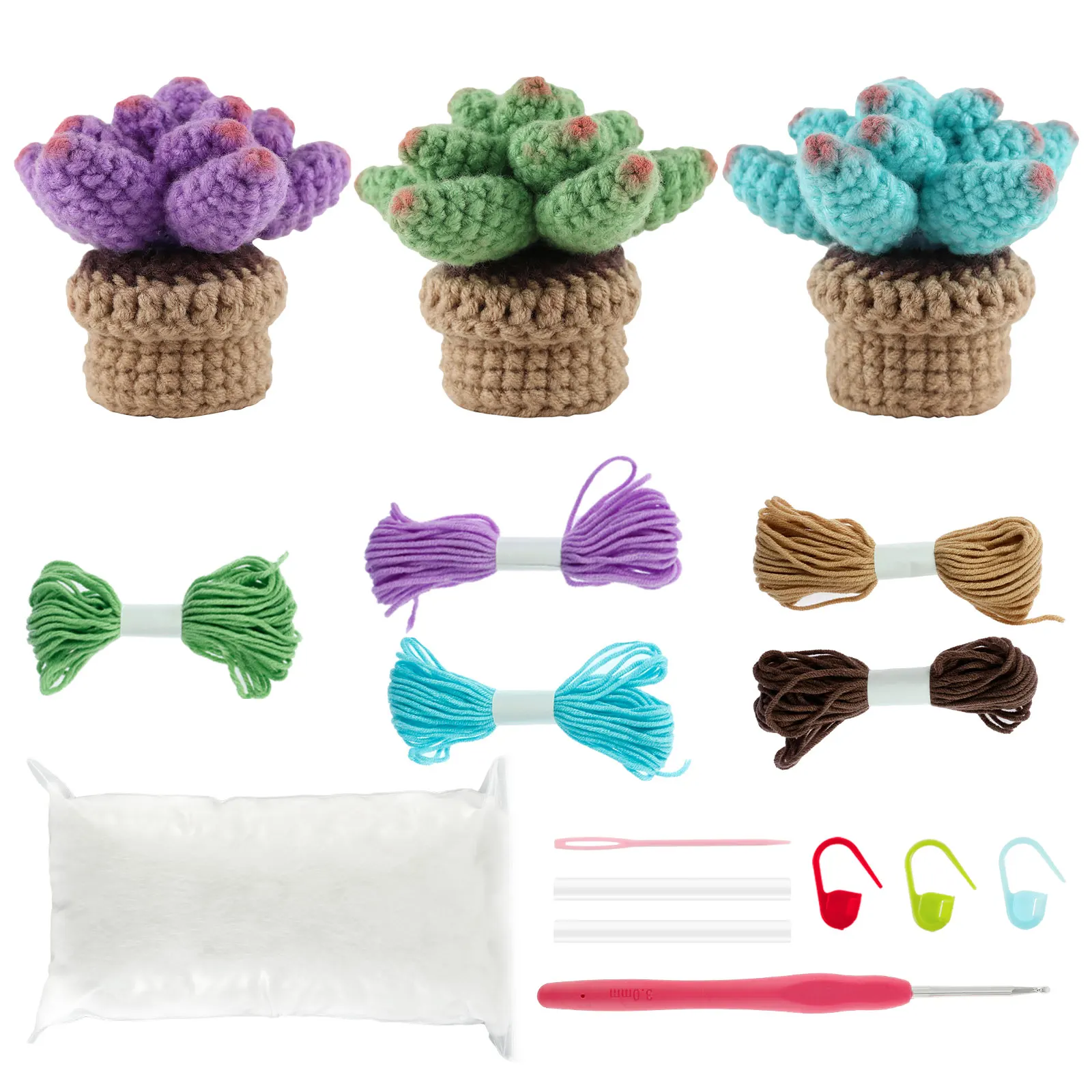 

3Pcs Crochet Potted Kit for Beginners Cute Crochet Succulent Kit DIY Potted Plants Craft for Adults Children Complete Crochet
