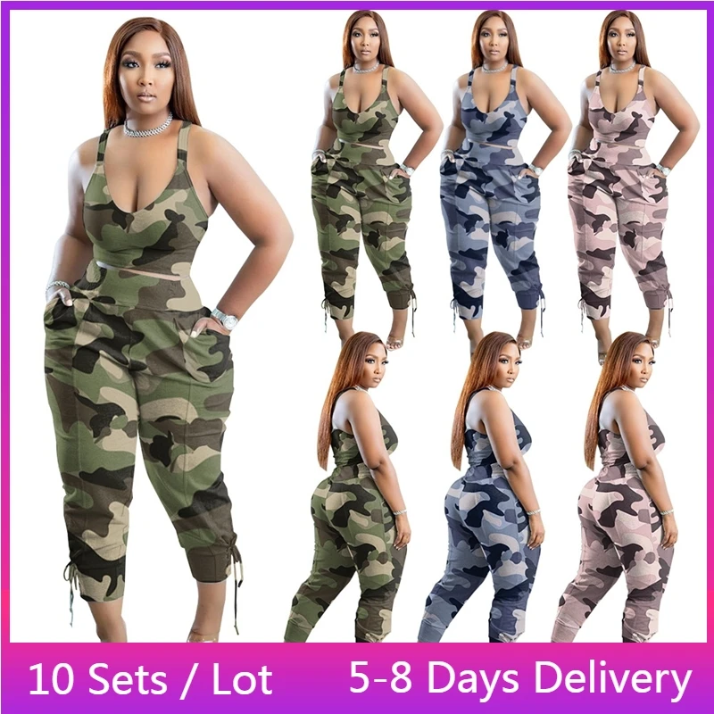 

Костюм женский Камуфляжный из двух предметов, пикантный укороченный топ на бретелях-карго в Корейском стиле, модная летняя одежда 3XL