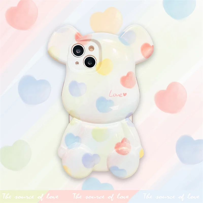 

Colorful Heart-shaped Stereo Bear Phone Case Cover for IPhone 11 12 13 14 Pro X XR XS Max Shockproof Case for IPhone 14 Cases