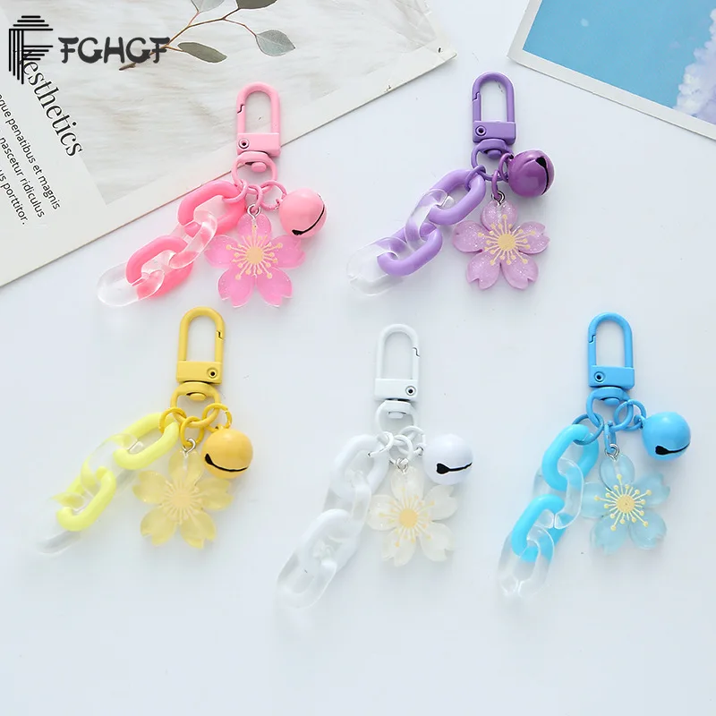 

FGHGF Cute Cherry blossoms KeyChains for Women Keyring CarKeys Bag Backpack Decor Candy Color Chains Lanyards Bell Pendent Gifts