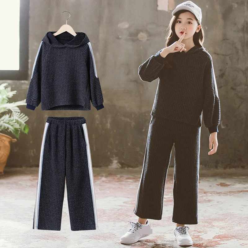 

long girls autumn sleeve little pit pattern top hooded pullover clothes children clothing 2 pcs set fashion pants cute outfit