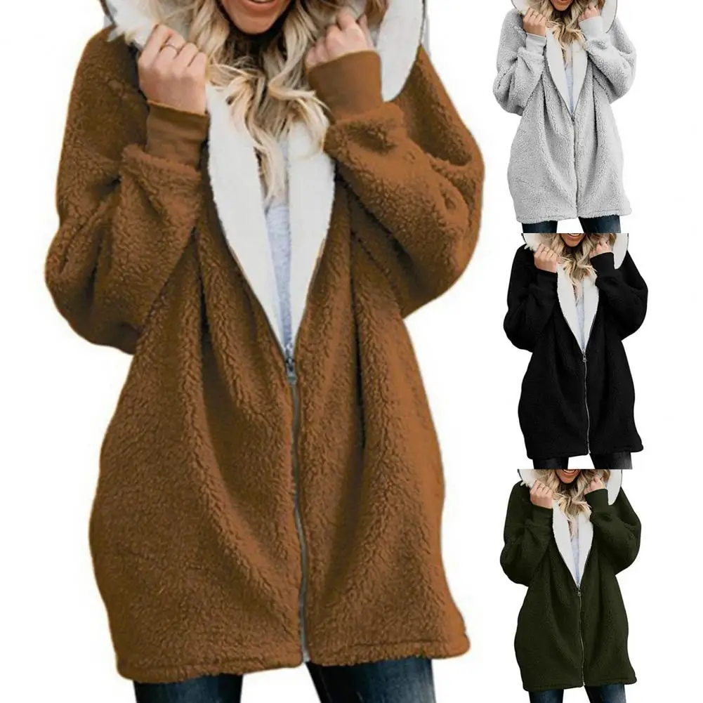 

Trendy Long Coat All-matched Loose Cardigan Mid-Length Zipper Closure Winter Coat Long Sleeve
