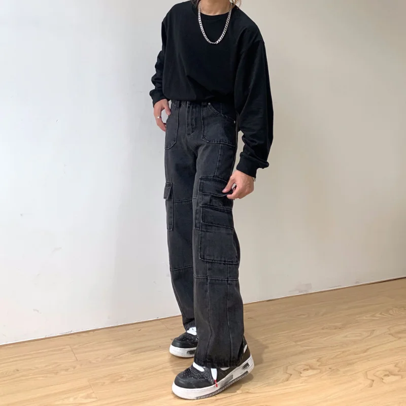 Street Retro Washed Loose Wide Leg Men Jeans Casual Style Overalls Big Pocket Daddy Pants Women's Retro Casual Pants streetwear