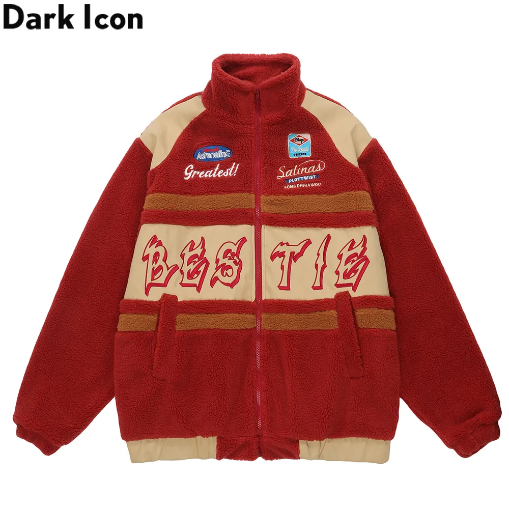 

Dark Icon Embroidery Color Contrast Stand Collar Men's Jackets Winter Thick Sherpa Coats Man 2 Colors