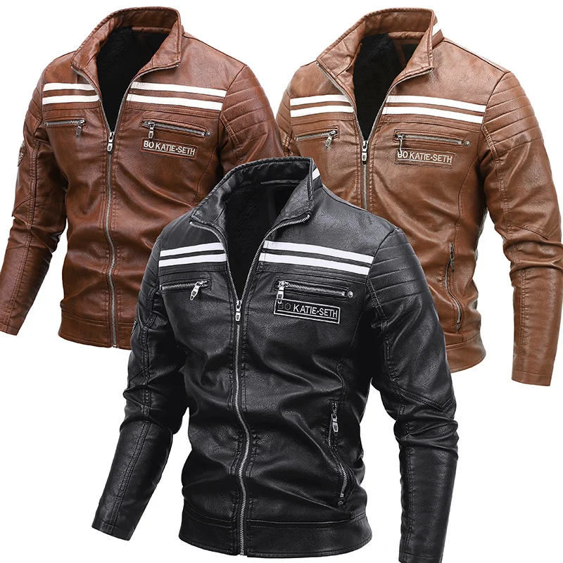 

JG-6697 Motorcycle Clothing Men's LeatherJacket With Stand-up Collar PU Plus Fleece Leather Jacket For Men